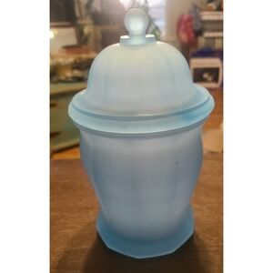 Vintage Indiana Glass Blue Satin Frosted Panel Apothecary Ginger Jar w/ Lid